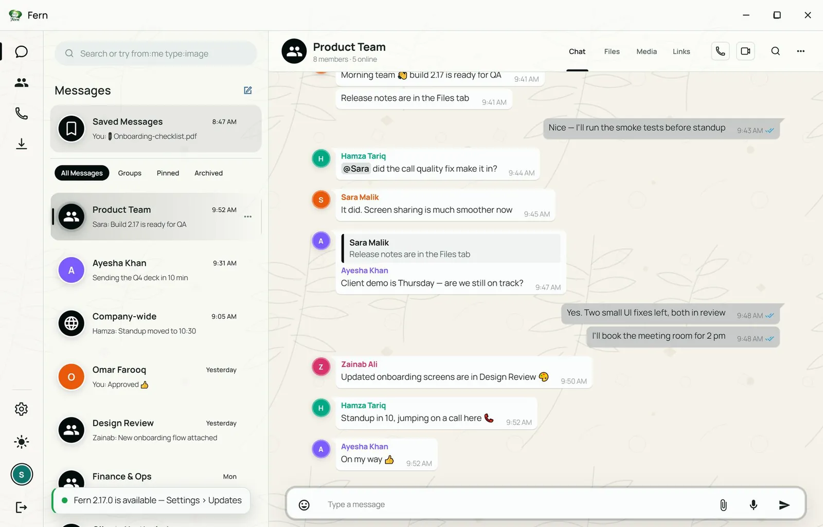 Fern for Business desktop app: the Product Team group chat with replies, mentions and read receipts beside the conversation list