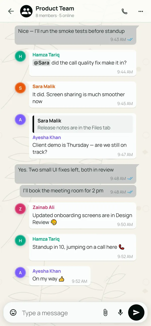 Fern on Android: the same Product Team conversation in the phone layout